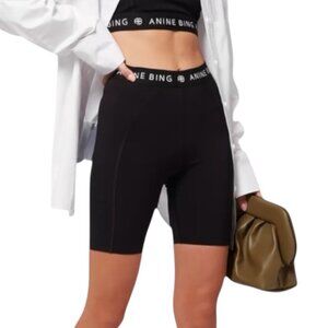 New Anine Bing Carly Black Bike Shorts S Repeating White Logo Streetwear Sporty